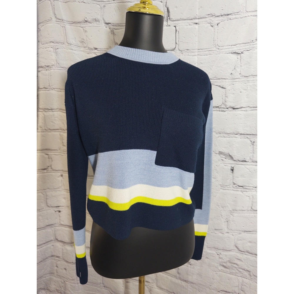 Athleta Sweater Women XS Navy Blue Colorblock Merino Wool Blend Thumbhole Pocket